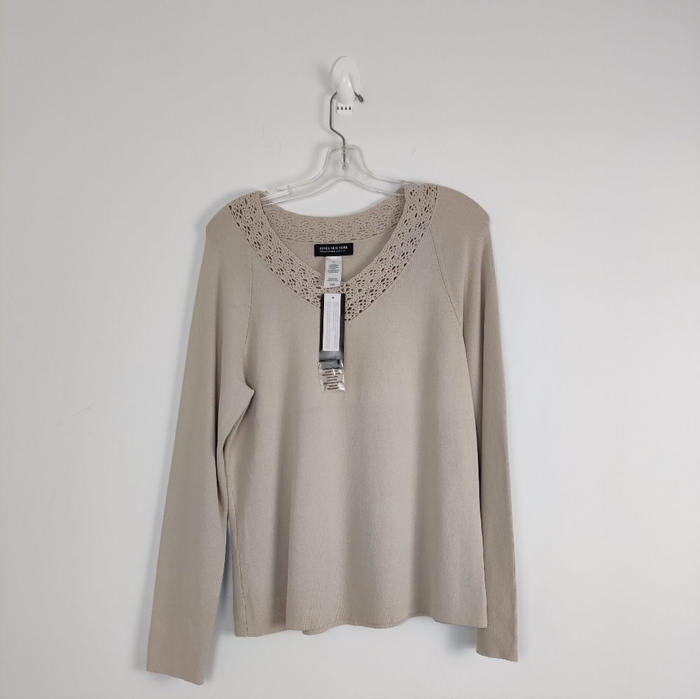 Jones New York Beige V-Neck Sweater with Crochet Yoke - NWT